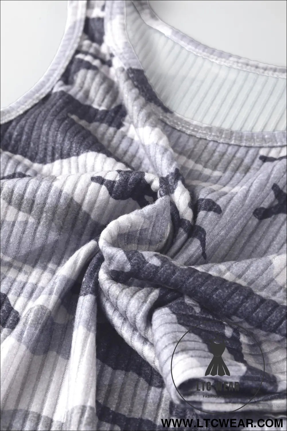Green Camouflage Print Ribbed Knit Round Neck Tank Top - L.T.C Wear Online Fashion Store