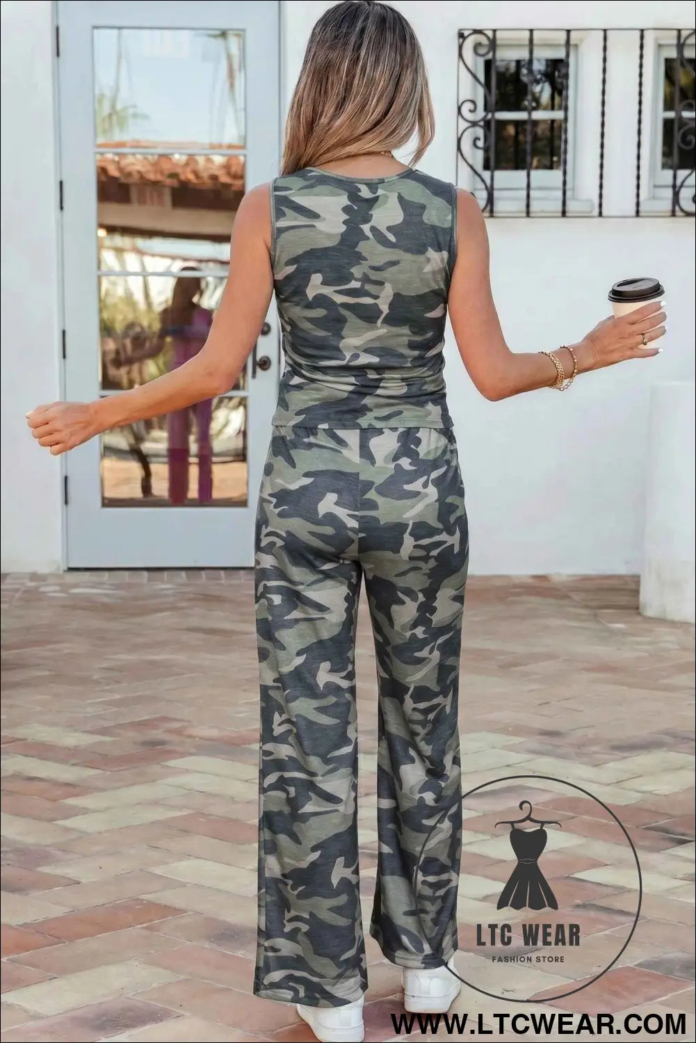 Green Camouflage Print Slim Tank Drawstring Pant Set
