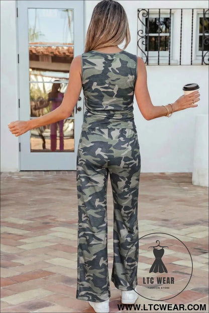 Green Camouflage Print Slim Tank Drawstring Pant Set