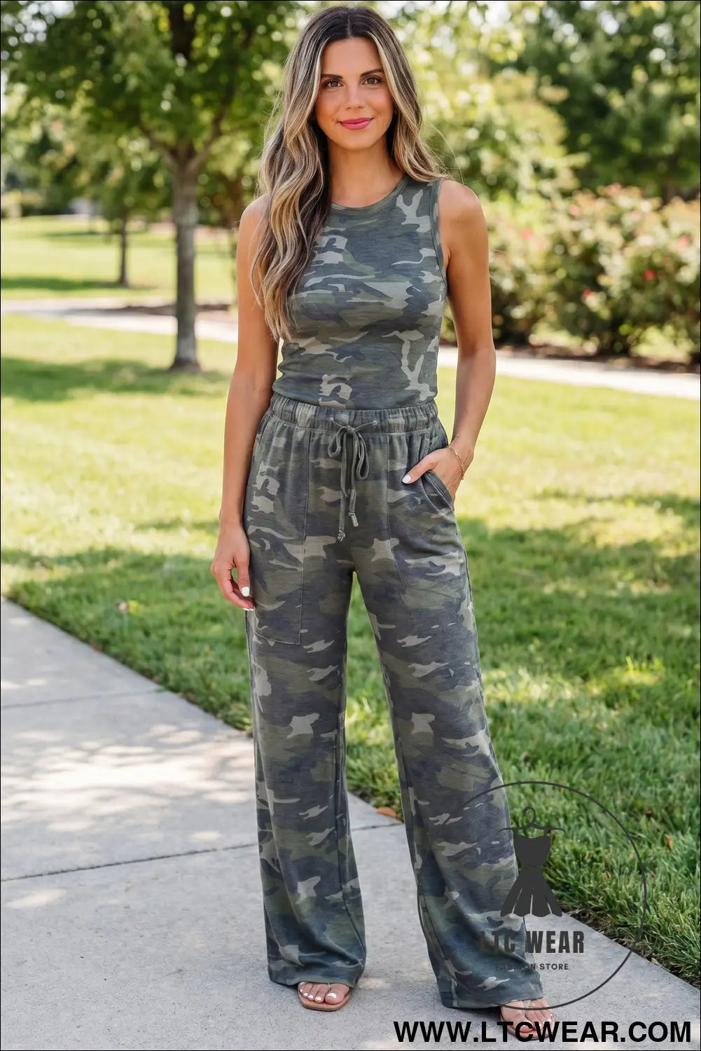 Green Camouflage Print Slim Tank Drawstring Pant Set - L.T.C Wear Online Fashion Store