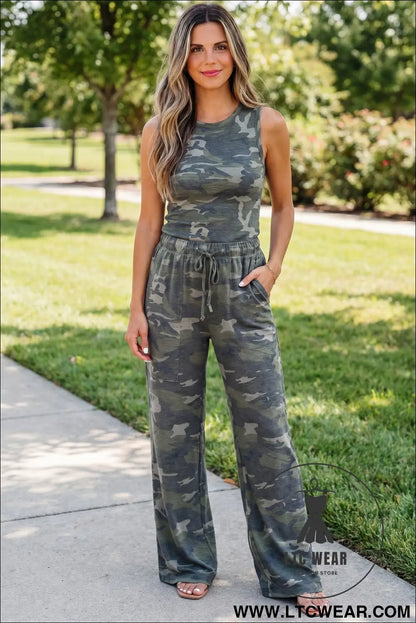 Green Camouflage Print Slim Tank Drawstring Pant Set - L.T.C Wear Online Fashion Store