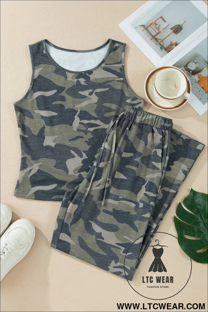 Green Camouflage Print Slim Tank Drawstring Pant Set - L.T.C Wear Online Fashion Store