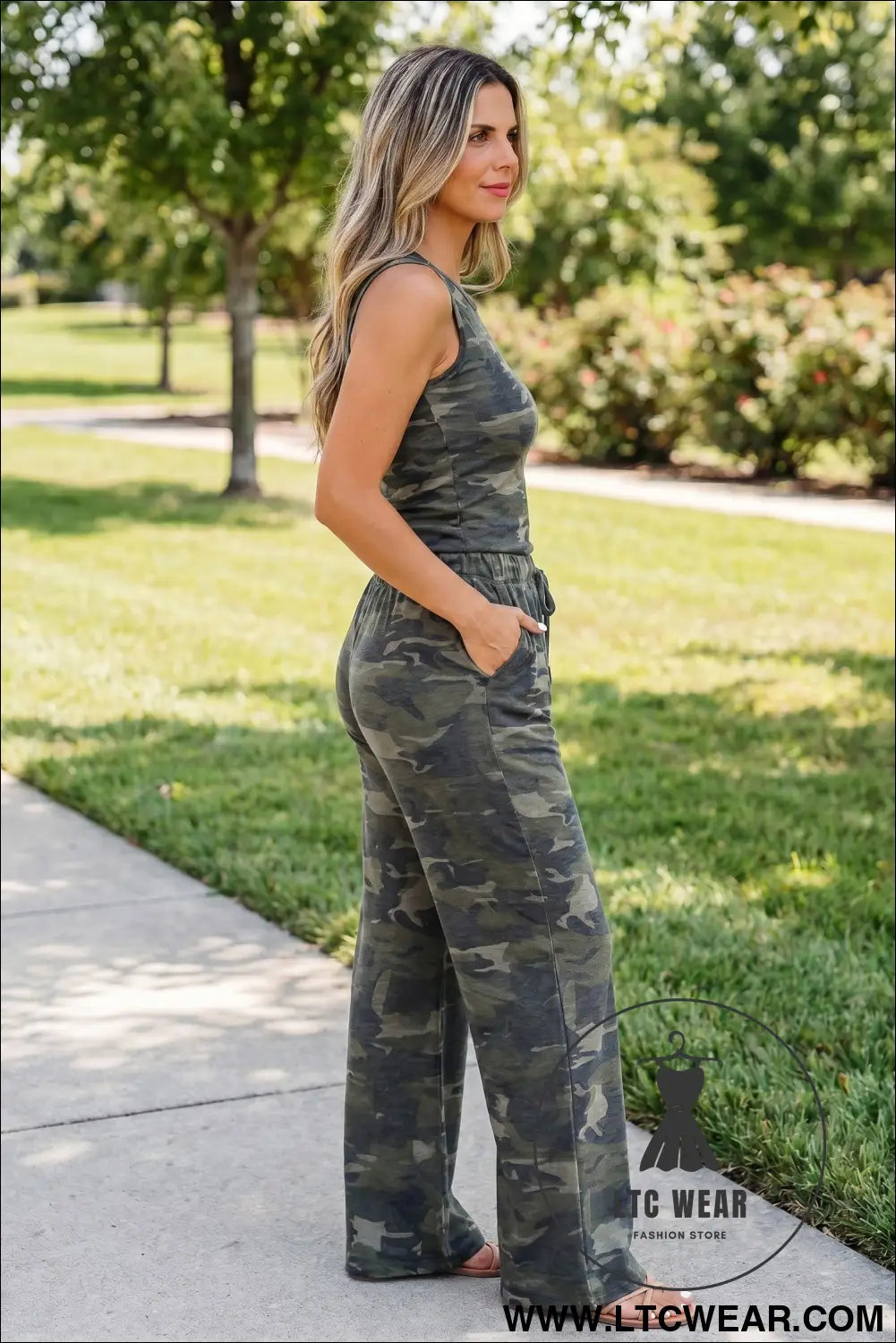 Green Camouflage Print Slim Tank Drawstring Pant Set - L.T.C Wear Online Fashion Store