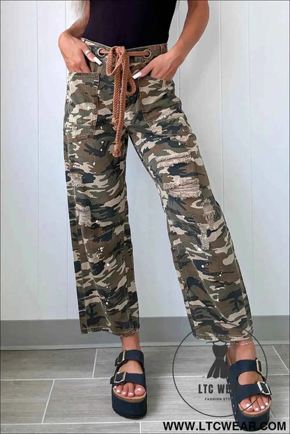 Green Camouflage Print Splashed Distressed Loose Denim Pants