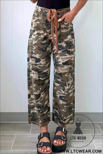Green Camouflage Print Splashed Distressed Loose Denim Pants
