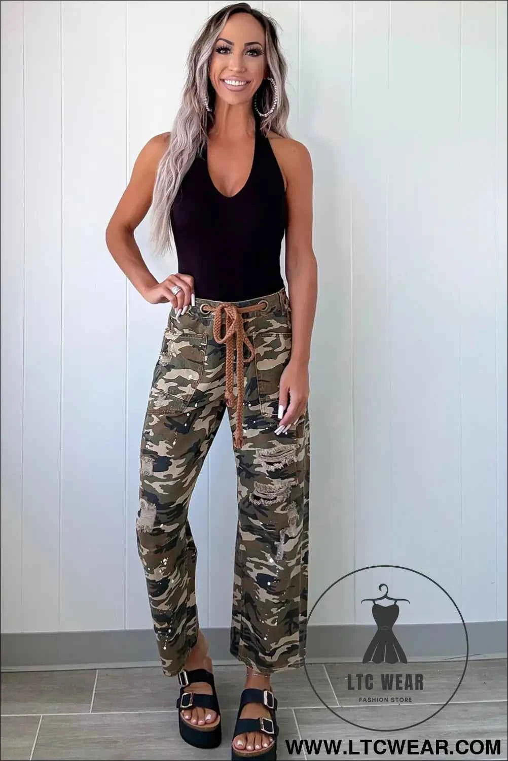 Green Camouflage Print Splashed Distressed Loose Denim Pants