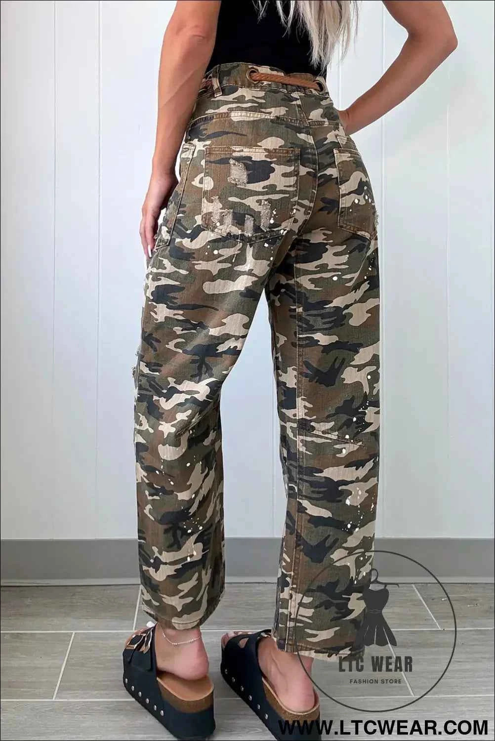 Green Camouflage Print Splashed Distressed Loose Denim Pants