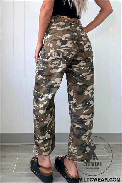Green Camouflage Print Splashed Distressed Loose Denim Pants