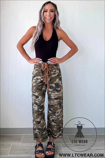 Green Camouflage Print Splashed Distressed Loose Denim Pants - L.T.C Wear Online Fashion Store