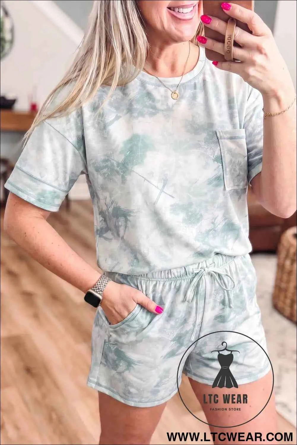 Green Casual Camouflage Short Sleeve Elastic Waist 2pcs Set