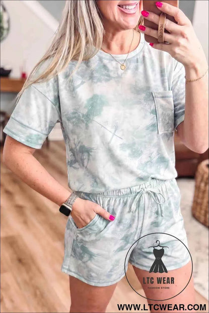 Green Casual Camouflage Short Sleeve Elastic Waist 2pcs Set
