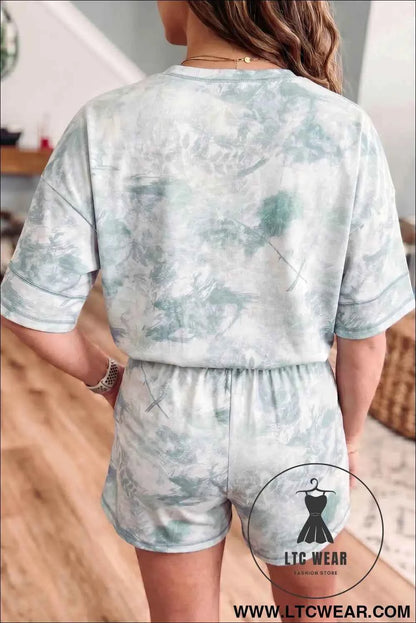 Green Casual Camouflage Short Sleeve Elastic Waist 2pcs Set