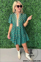 Green Contrast Trim V Neck Short Sleeve Floral Dress