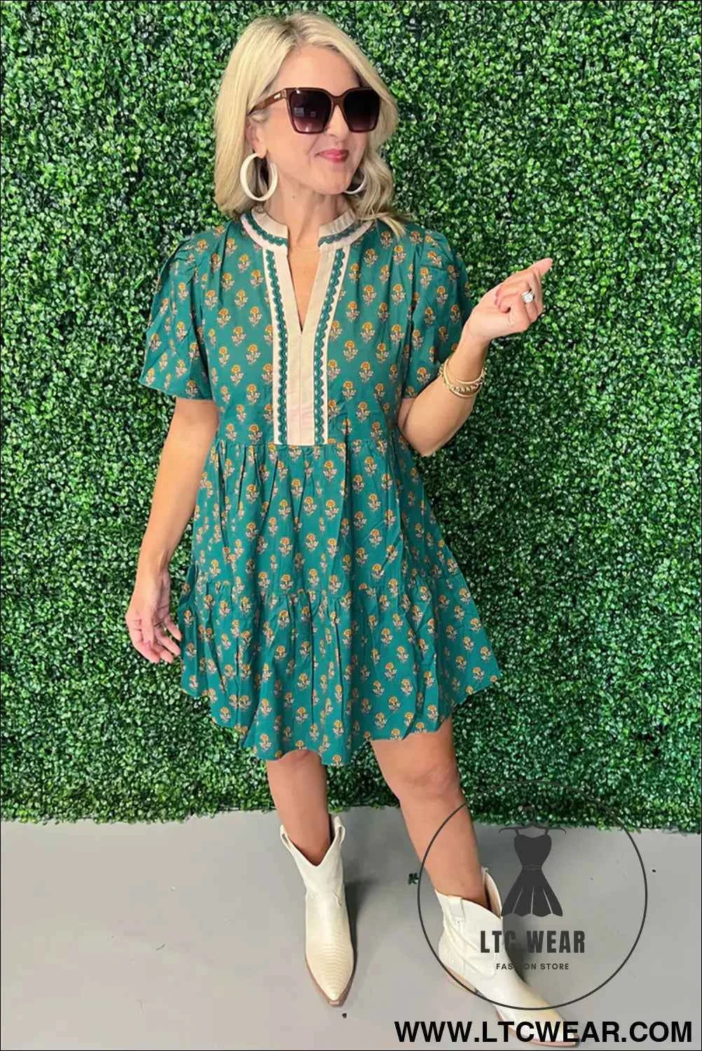 Green Contrast Trim V Neck Short Sleeve Floral Dress
