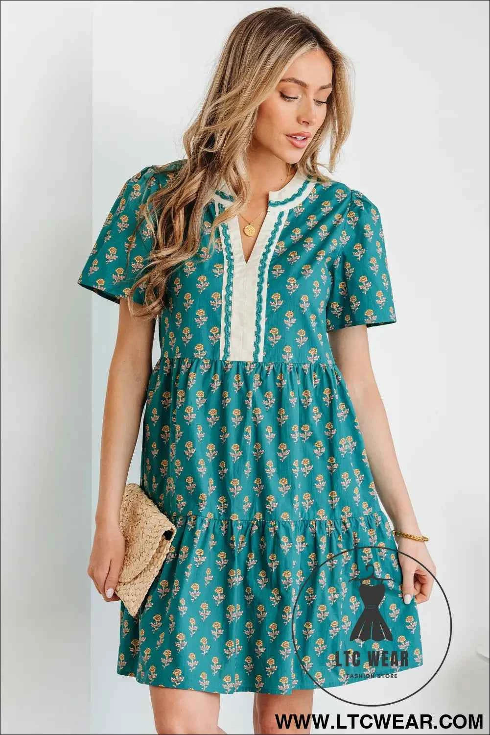 Green Contrast Trim V Neck Short Sleeve Floral Dress