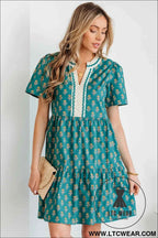 Green Contrast Trim V Neck Short Sleeve Floral Dress