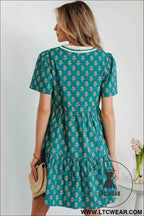 Green Contrast Trim V Neck Short Sleeve Floral Dress