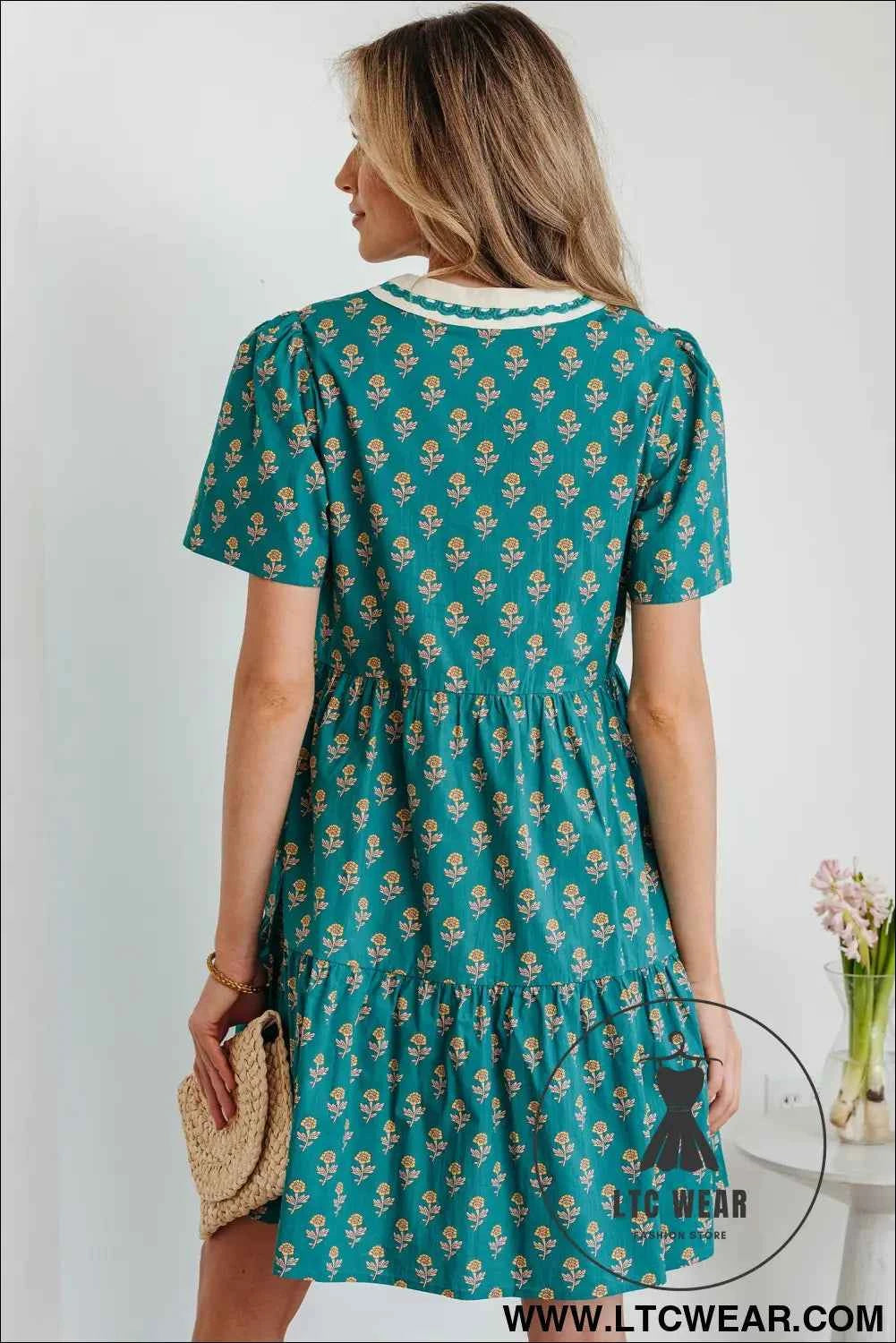 Green Contrast Trim V Neck Short Sleeve Floral Dress