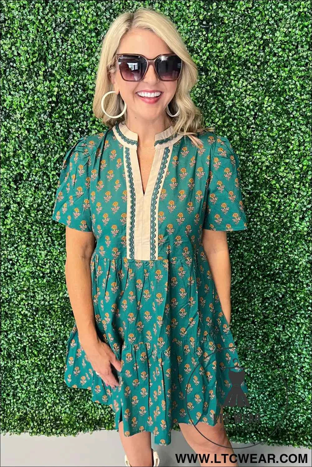 Green Contrast Trim V Neck Short Sleeve Floral Dress