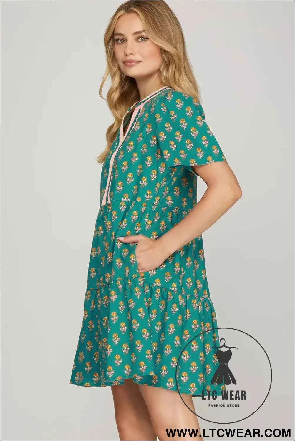Green Contrast Trim V Neck Short Sleeve Floral Dress