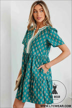 Green Contrast Trim V Neck Short Sleeve Floral Dress