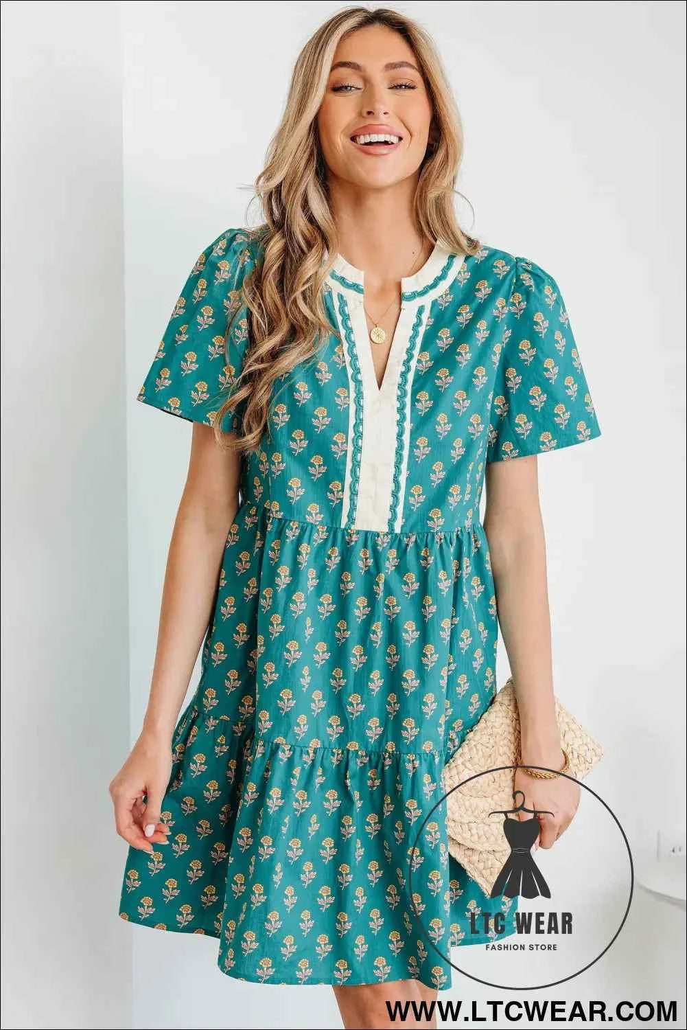 Green Contrast Trim V Neck Short Sleeve Floral Dress