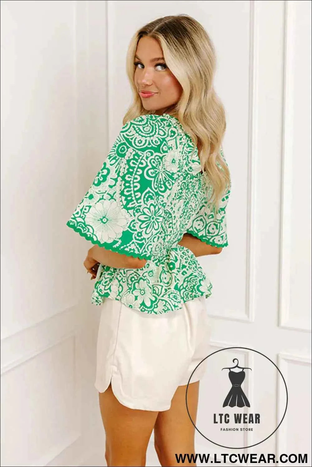 Green Flirty Floral Smocked V Neck Blouse