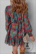 Green Floral Friled V Neck Puff Sleeve Ruffled Shirt Dress