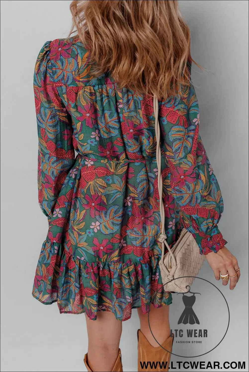 Green Floral Friled V Neck Puff Sleeve Ruffled Shirt Dress