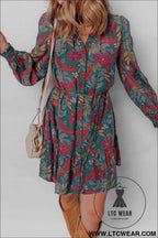Green Floral Friled V Neck Puff Sleeve Ruffled Shirt Dress