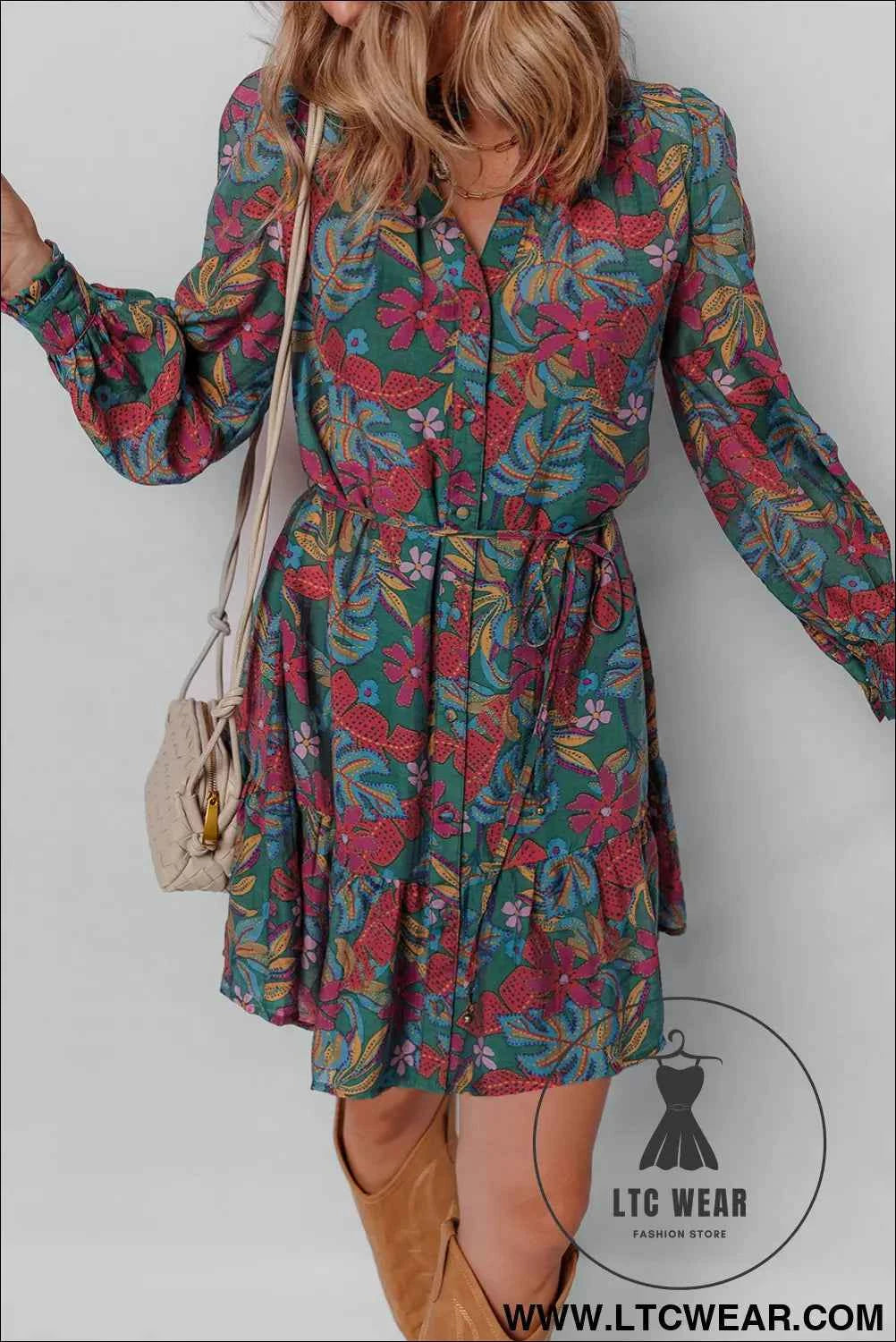 Green Floral Friled V Neck Puff Sleeve Ruffled Shirt Dress