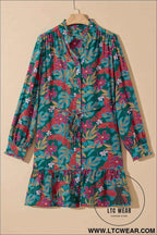 Green Floral Friled V Neck Puff Sleeve Ruffled Shirt Dress
