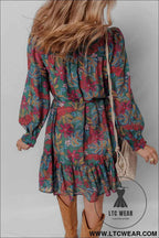 Green Floral Friled V Neck Puff Sleeve Ruffled Shirt Dress