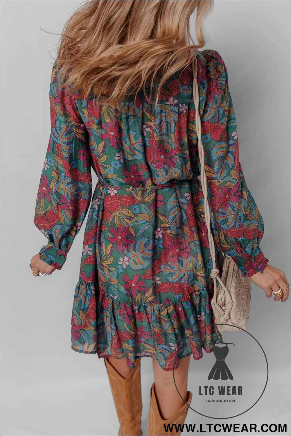 Green Floral Friled V Neck Puff Sleeve Ruffled Shirt Dress