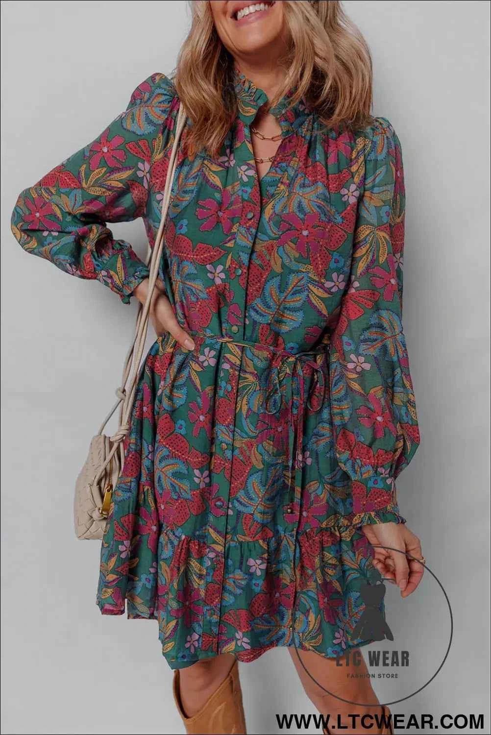 Green Floral Friled V Neck Puff Sleeve Ruffled Shirt Dress