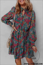 Green Floral Friled V Neck Puff Sleeve Ruffled Shirt Dress