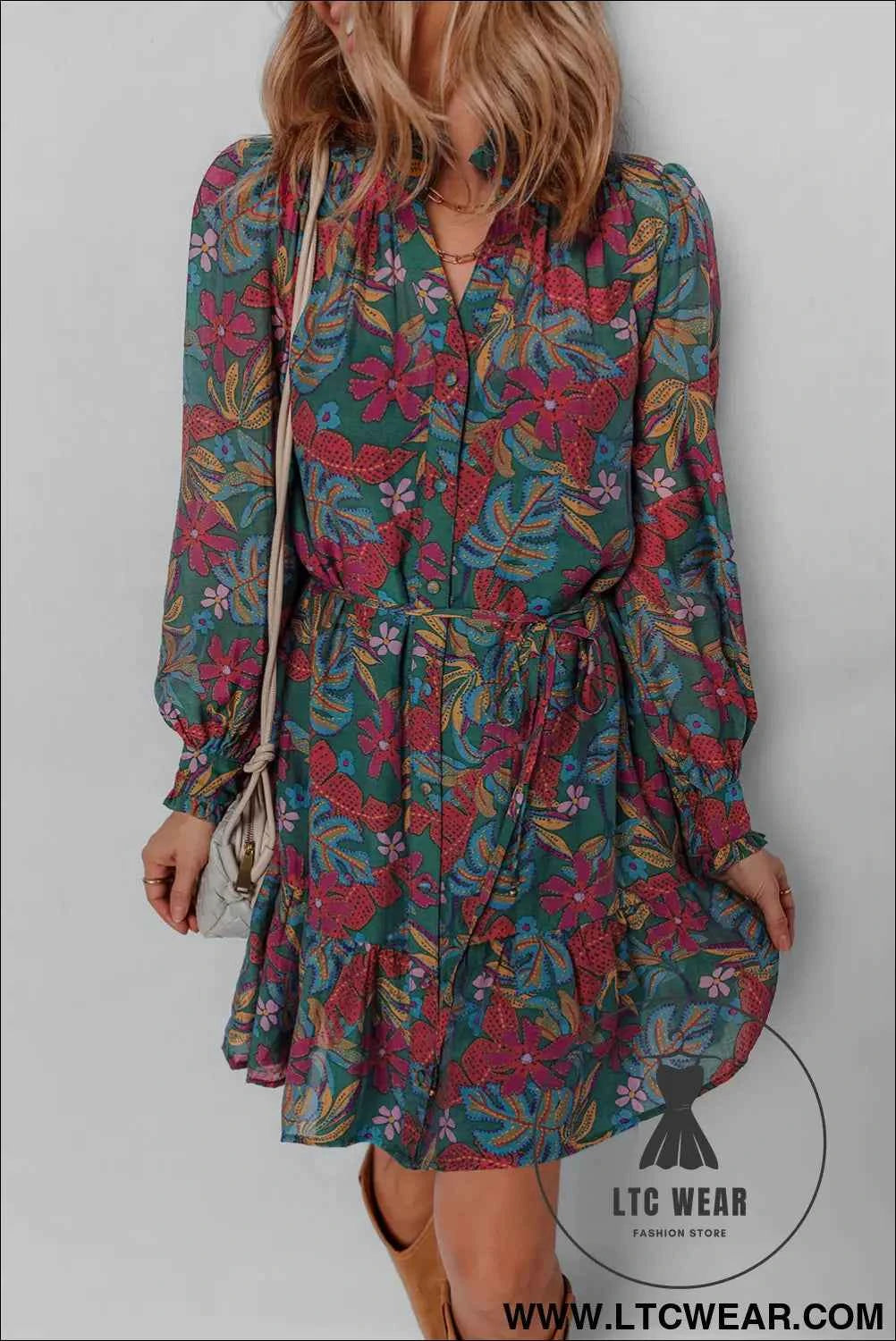 Green Floral Friled V Neck Puff Sleeve Ruffled Shirt Dress