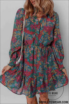 Green Floral Friled V Neck Puff Sleeve Ruffled Shirt Dress