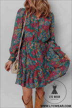 Green Floral Friled V Neck Puff Sleeve Ruffled Shirt Dress