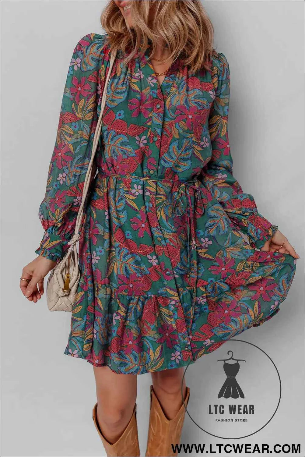 Green Floral Friled V Neck Puff Sleeve Ruffled Shirt Dress
