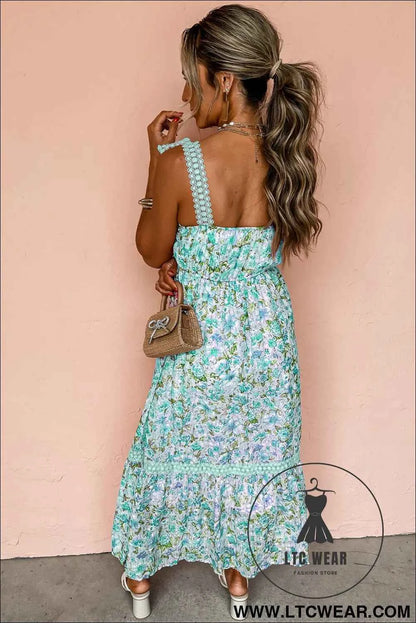 Green Floral Lace Tied Strap Empire Waist Maxi Dress