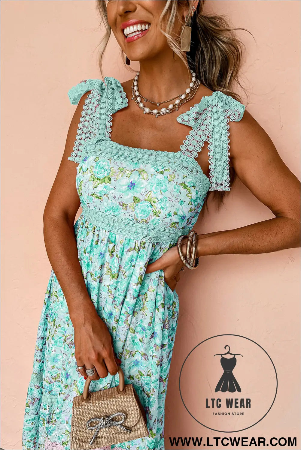 Green Floral Lace Tied Strap Empire Waist Maxi Dress - L.T.C Wear Online Fashion Store