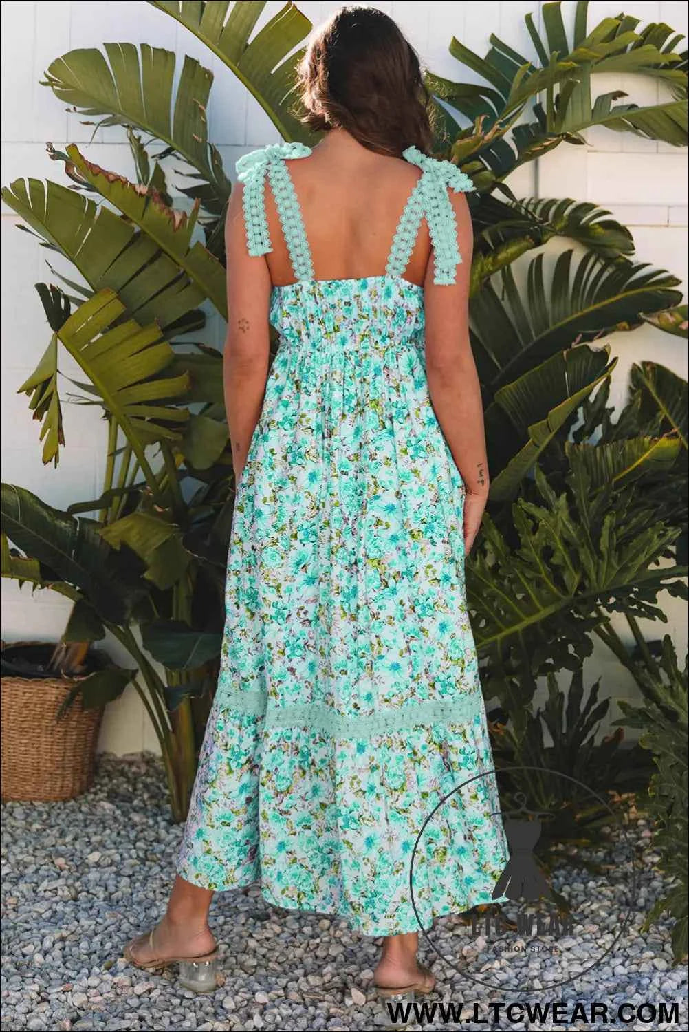 Green Floral Lace Tied Strap Empire Waist Maxi Dress