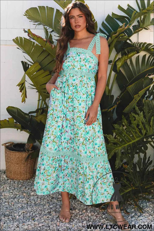 Green Floral Lace Tied Strap Empire Waist Maxi Dress