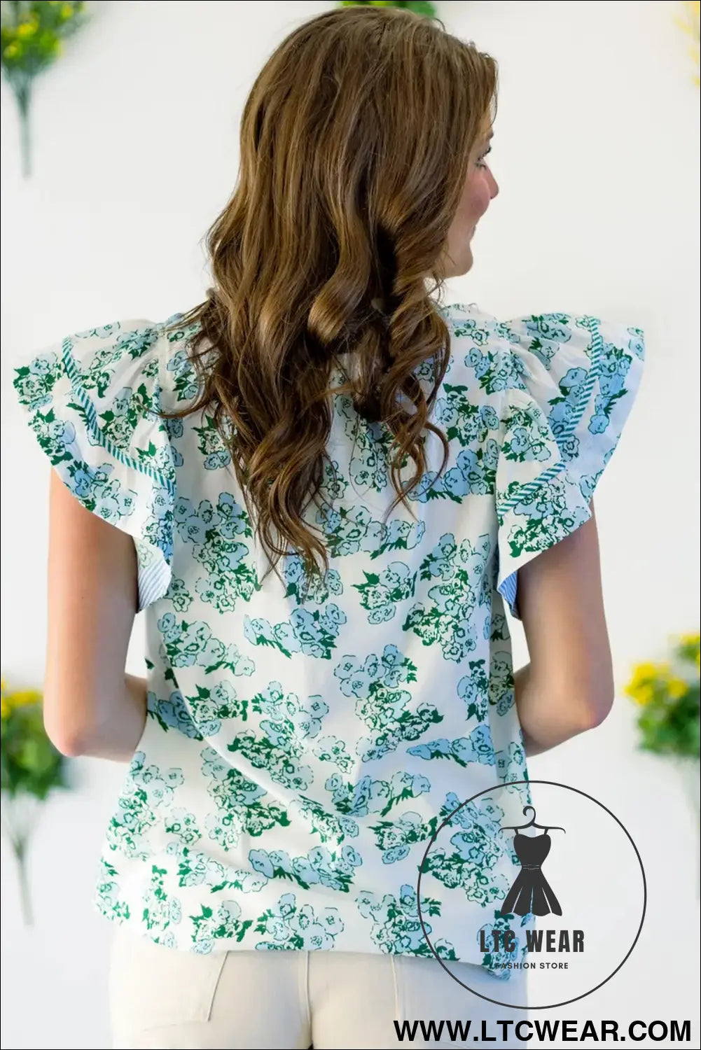 Green floral meets stripes v neck flutter sleeve blouse - blouses & shirts