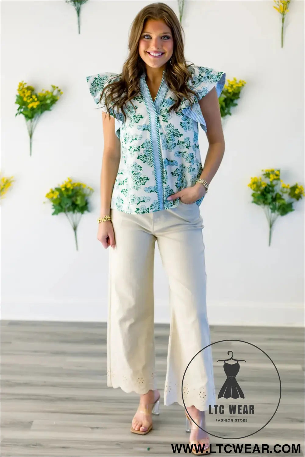 Green floral meets stripes v neck flutter sleeve blouse - blouses & shirts