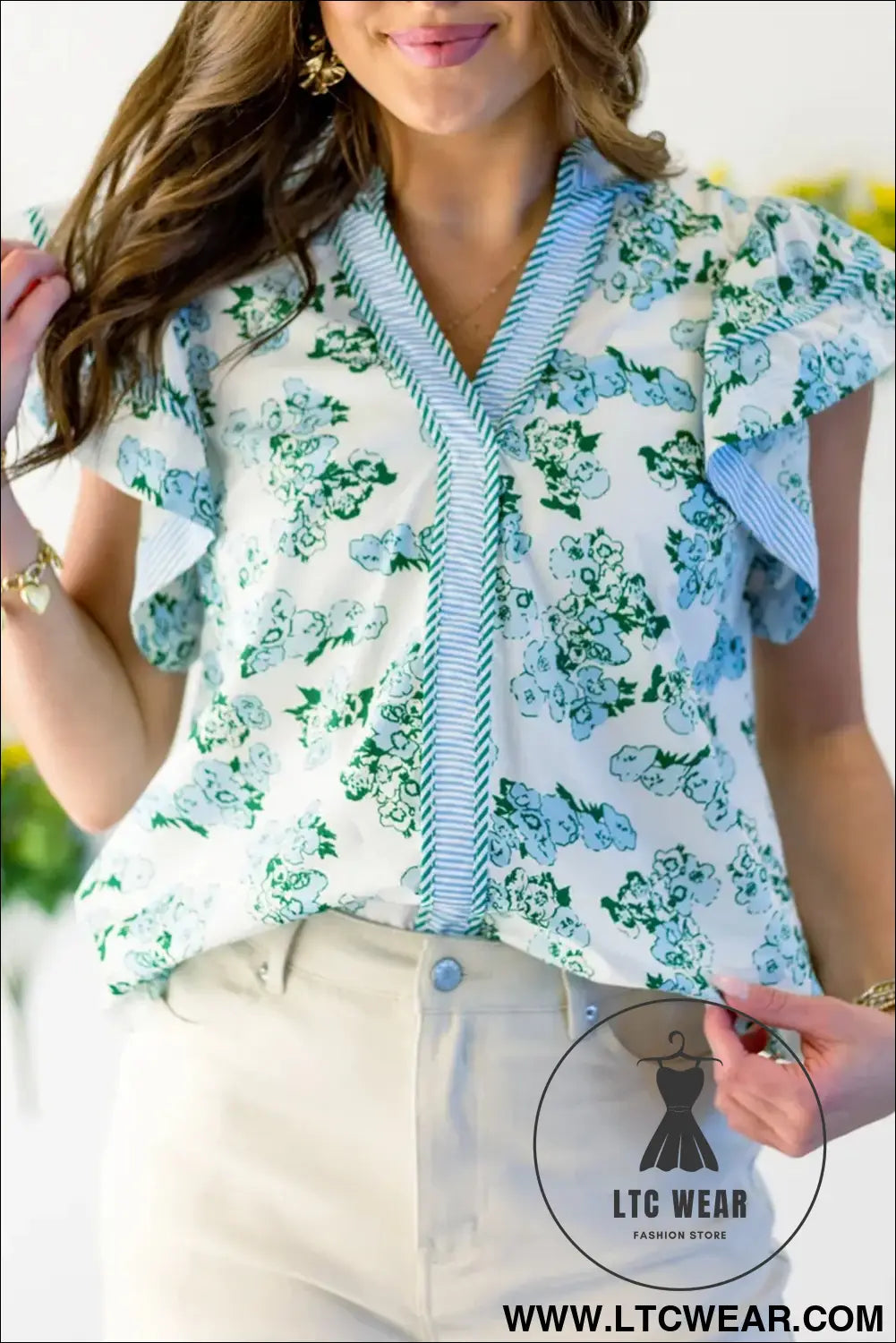 Green floral meets stripes v neck flutter sleeve blouse - green / l / 100% polyester - blouses & shirts