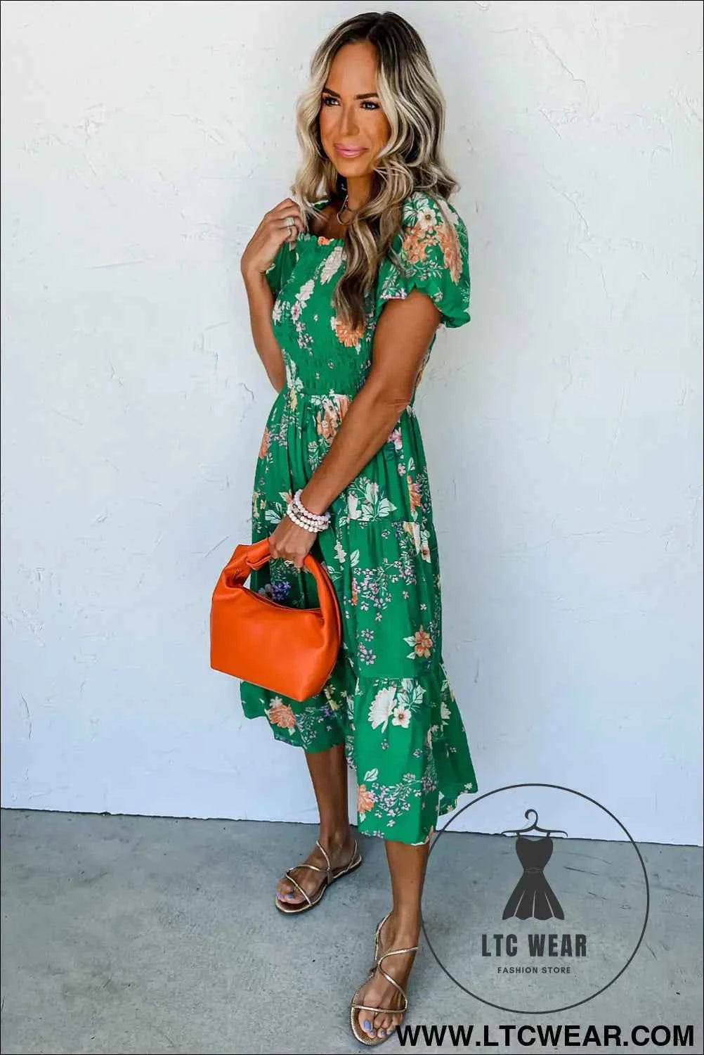 Green Floral Print Bubble Sleeve Smocked Tiered Midi Dress