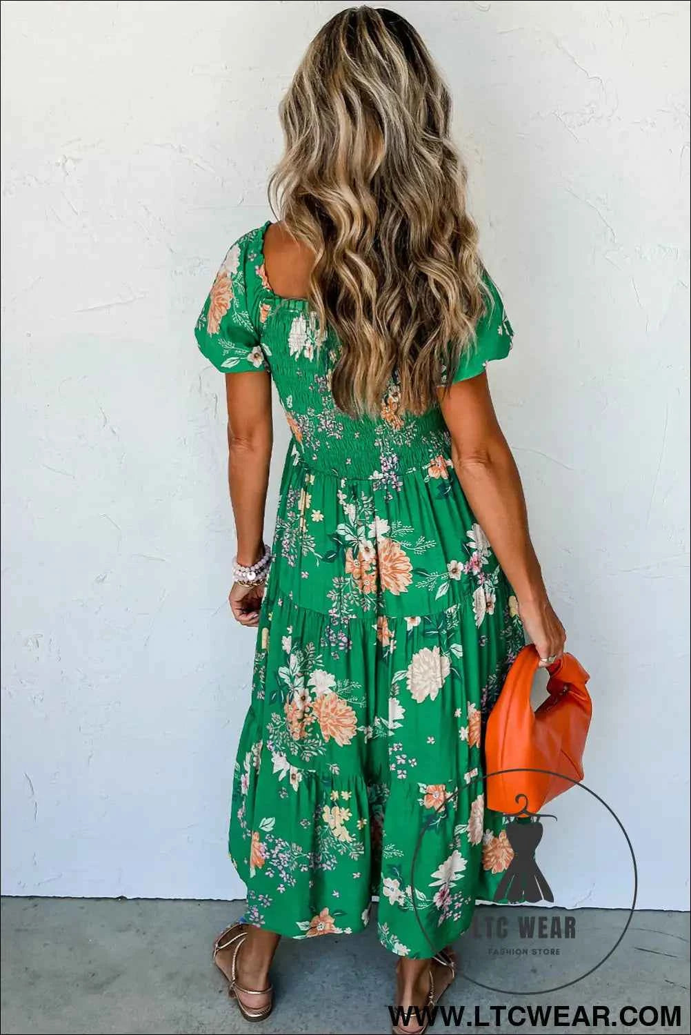 Green Floral Print Bubble Sleeve Smocked Tiered Midi Dress