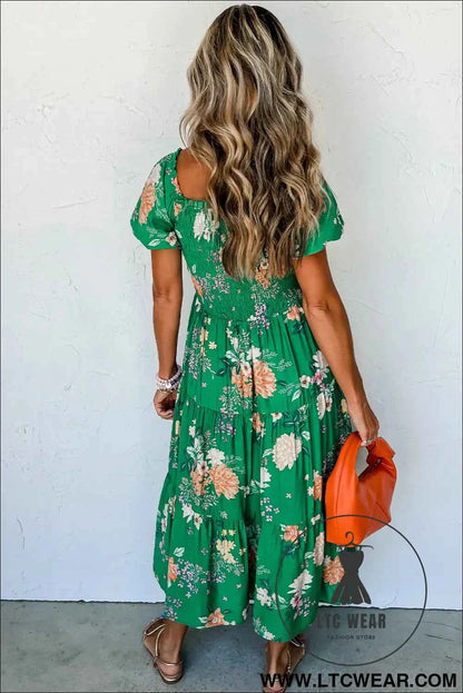 Green Floral Print Bubble Sleeve Smocked Tiered Midi Dress